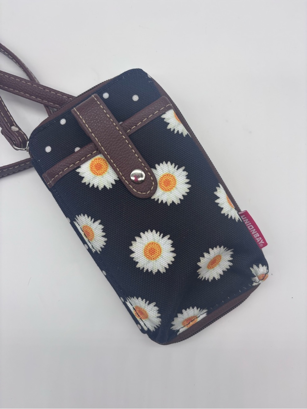 UNIONBAY Navy Daisy Crossbody Phone Pouch with Brown Trim